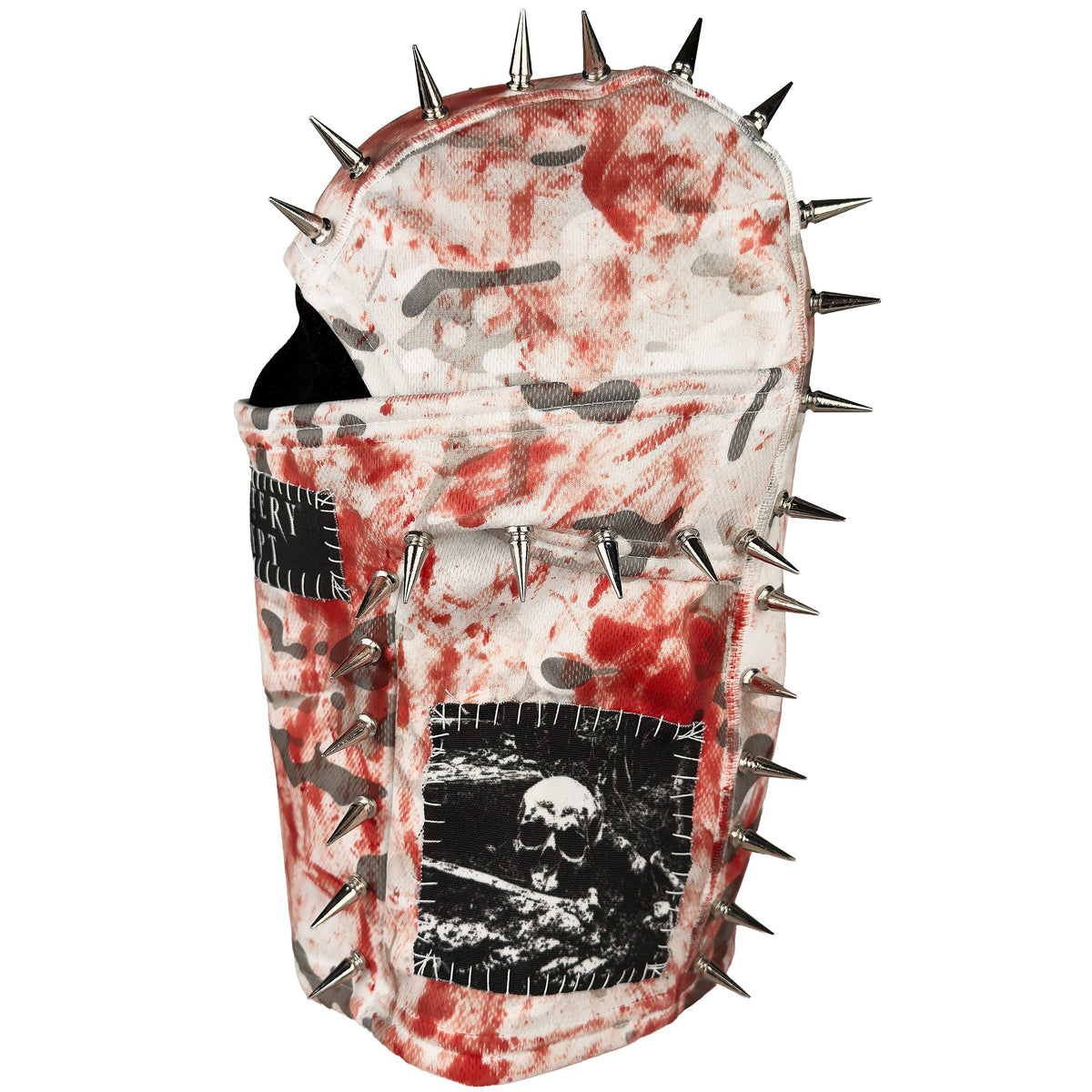 Side of the Bloody Snow Spiked Balaclava with red splatters, silver spikes and a skull-and-crossbones patch