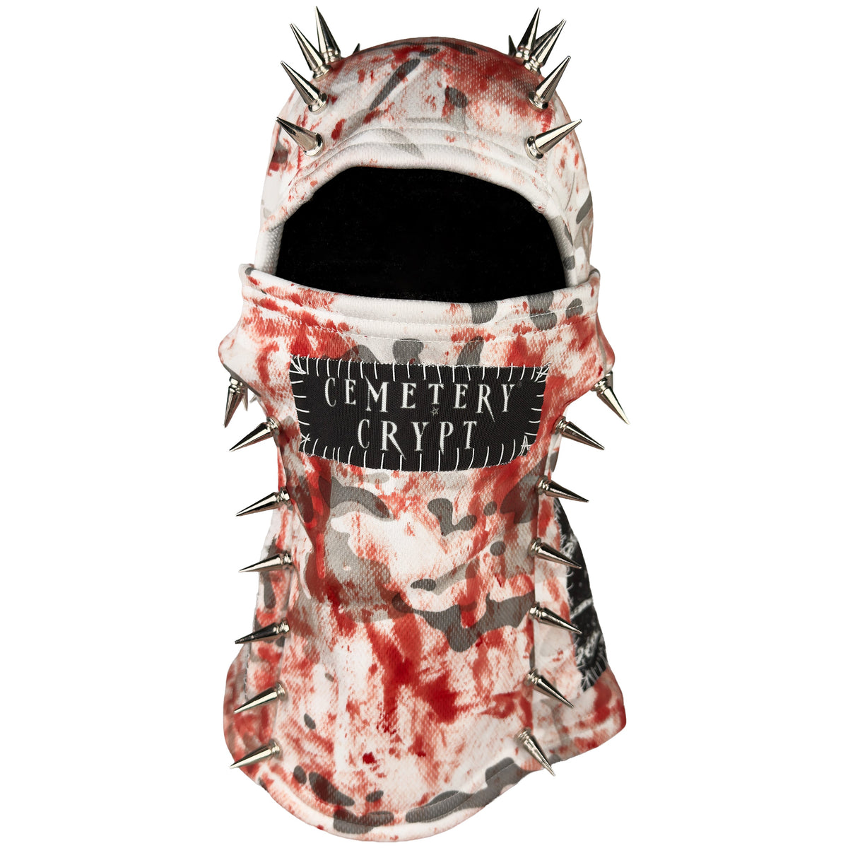 Front of the white and red Bloody Snow Spiked Balaclava with silver spikes and a black logo patch