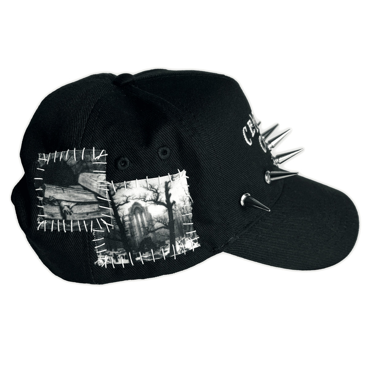 Back and side of the Burial Patched Cap with overlapping monochrome graveyard patches and white stitching