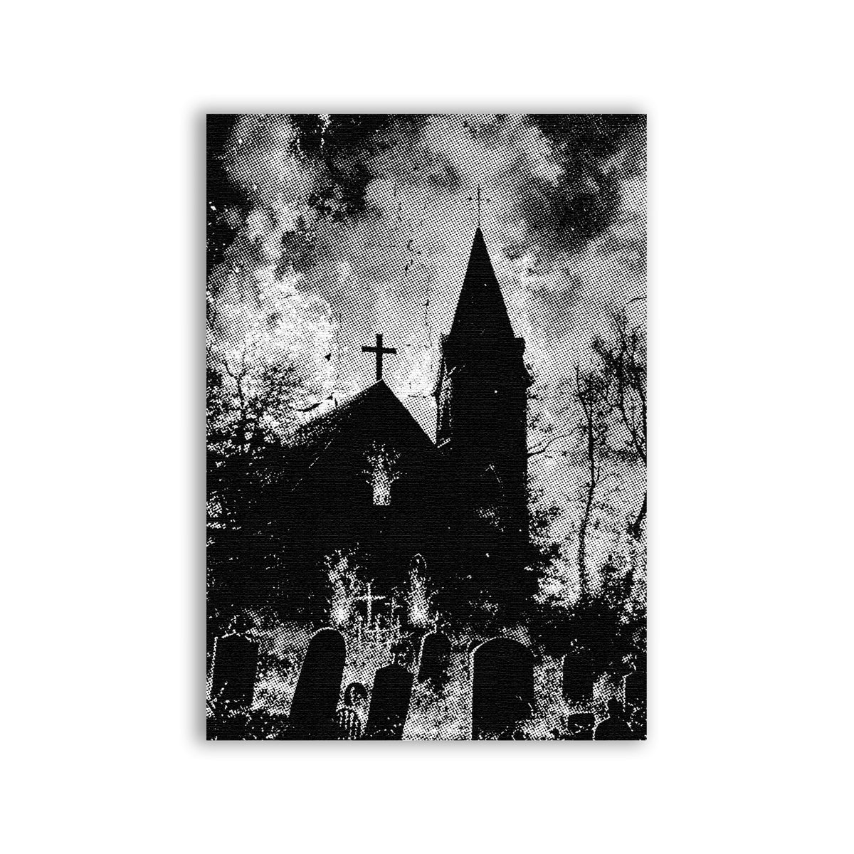 Burning Church Patch showing a church and gravestones surrounded by flames in black and white