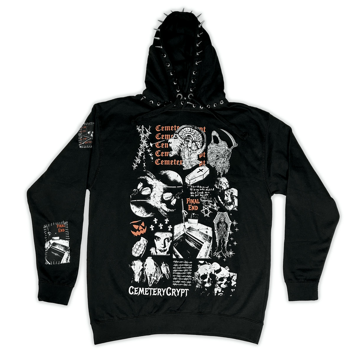 Front of the black Catacombs Hoodie with a white anatomical collage, small red lettering and sleeve prints