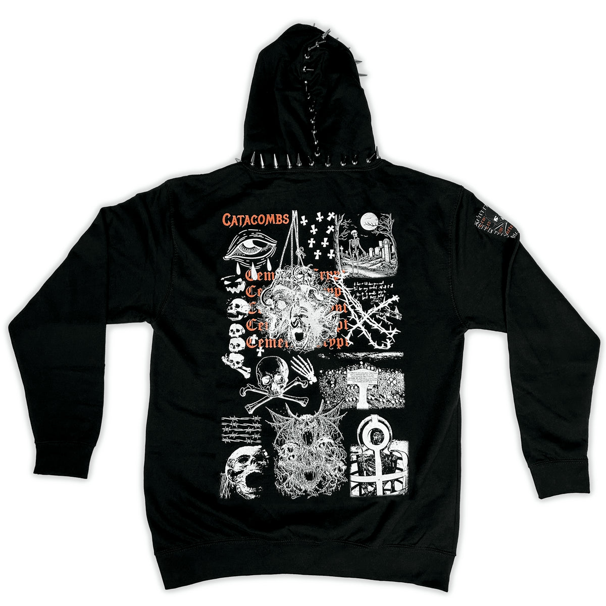 Back of the black Catacombs Hoodie with a white skull and anatomical collage and red lettering