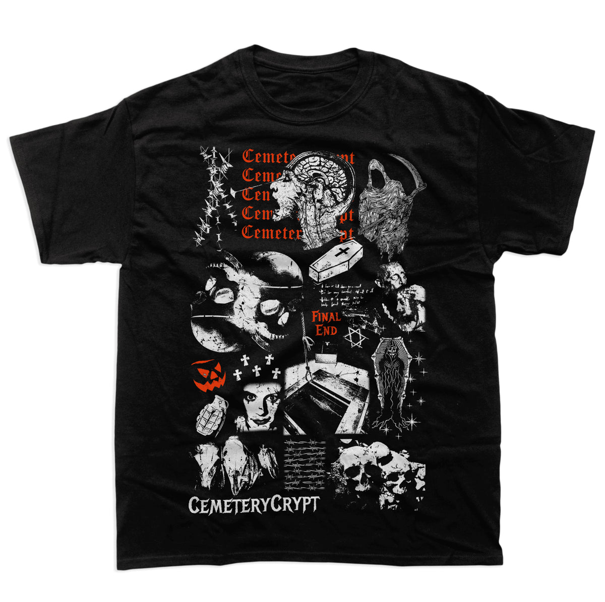 Front of the black Catacombs T Shirt with white anatomical and coffin graphics accented by orange details