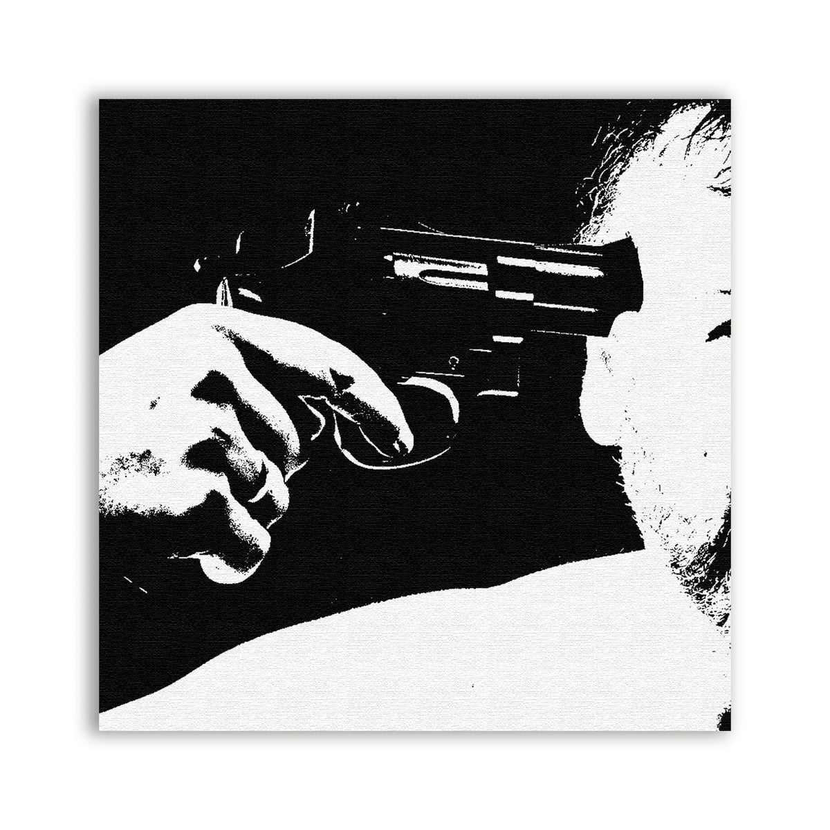 Click Patch with a black and white graphic of a hand holding a revolver against a head