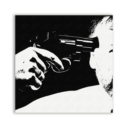 Click Patch with a black and white graphic of a hand holding a revolver against a head