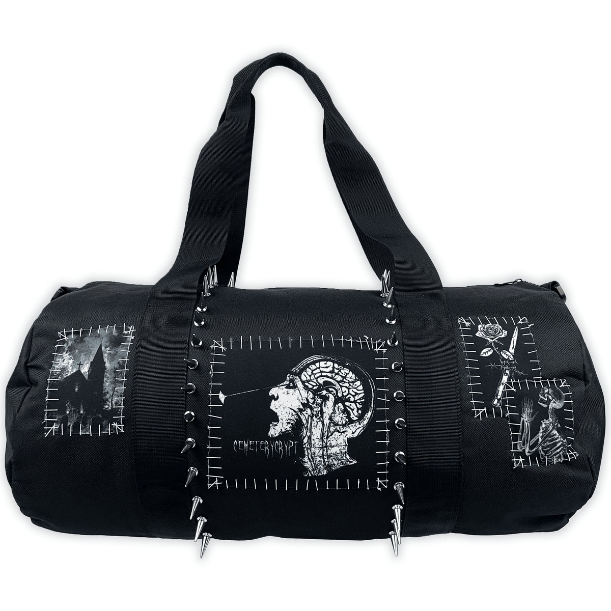 Black Corpse Barrel Bag XL with white anatomy and skeleton patches, visible stitching and metal spikes