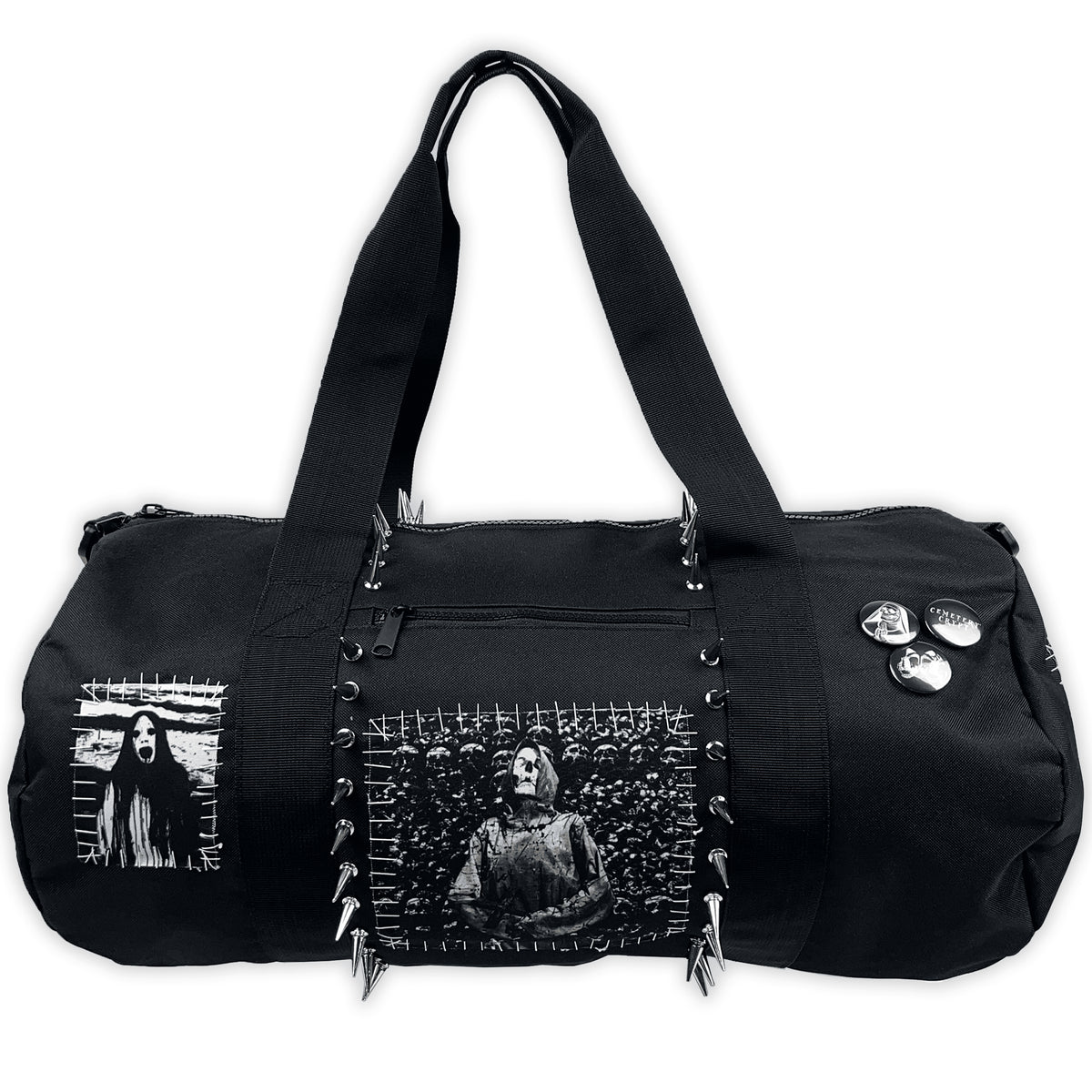 Reverse of the Corpse Barrel Bag XL with white horror patches, stitched borders and round badges