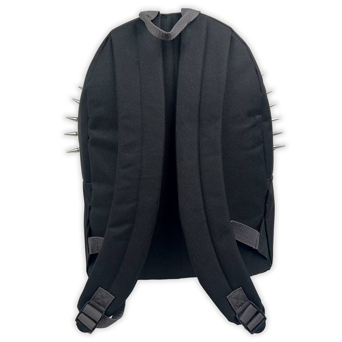 Back of the Crypt Spiked Backpack showing padded adjustable shoulder straps, top handle and rear panel