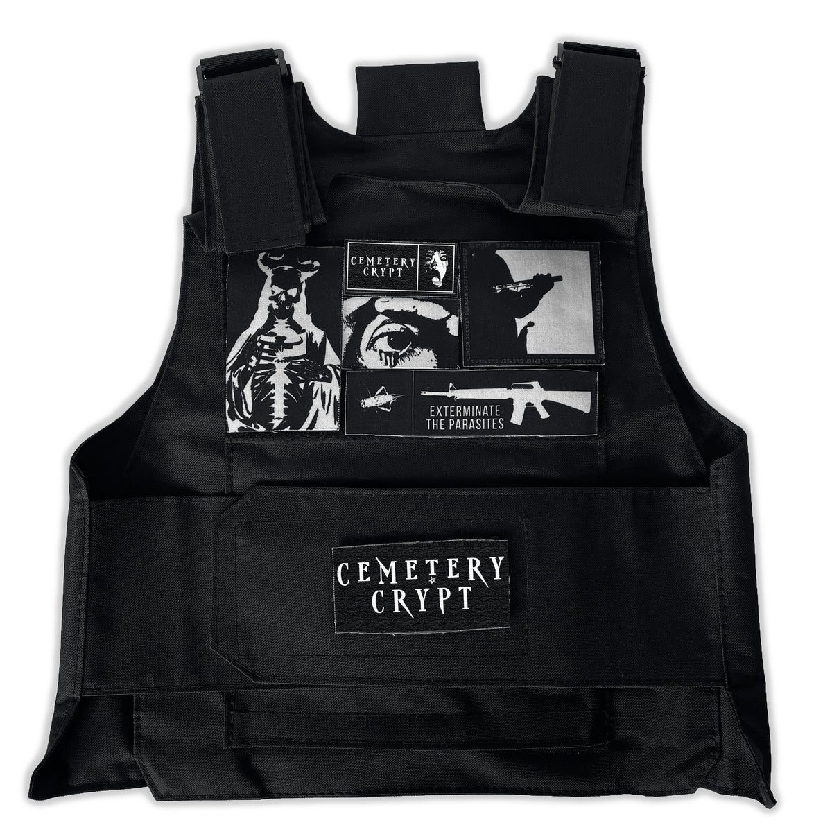 Front of the black Crypt Tactical Vest with white horror graphic patches and a Cemetery Crypt waist panel