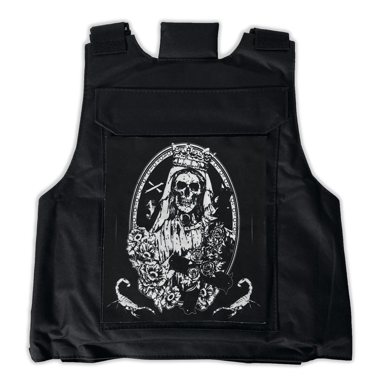 Back of the black Crypt Tactical Vest with a large white hooded skull and roses patch