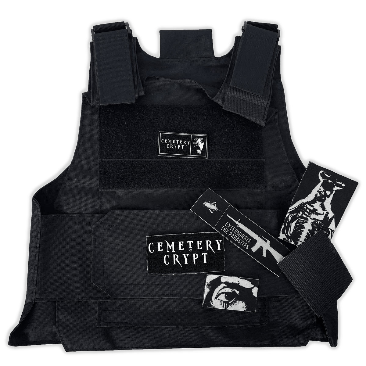 Front of the black Crypt Tactical Vest with its removable graphic patches displayed beside it