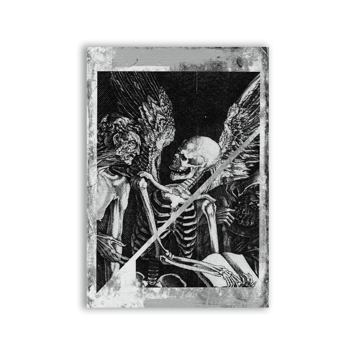 Death Angel Patch with a winged skeleton holding a scythe in an ornate black and white illustration