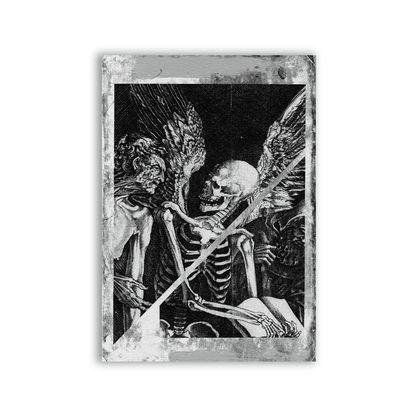 Death Angel Patch with a winged skeleton holding a scythe in an ornate black and white illustration