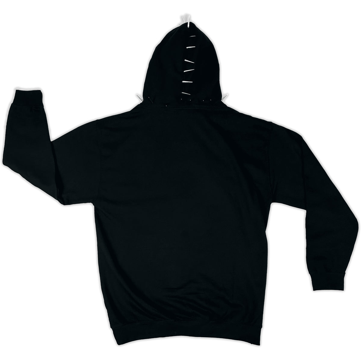 Back and side view of the black Decay Hoodie with one sleeve extended and silver spikes around the hood