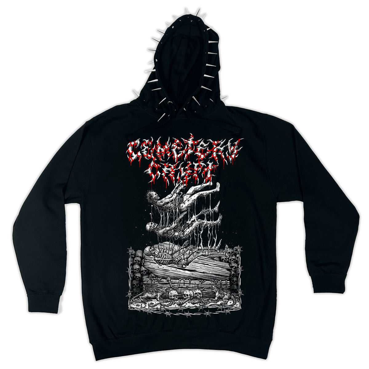 Front of the black Decay Hoodie with a white graveyard illustration, red gothic lettering and hood spikes