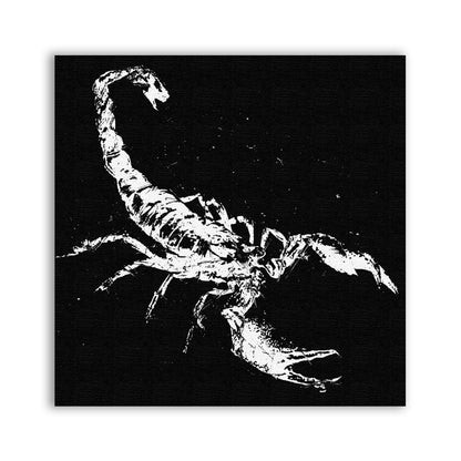 Distressed Scorpion Patch with a white scorpion and curled tail on black canvas