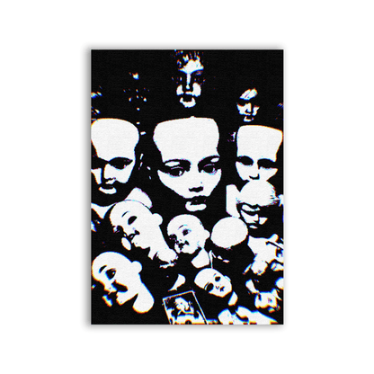 Dolls Patch showing a dense collage of pale doll heads in black and white