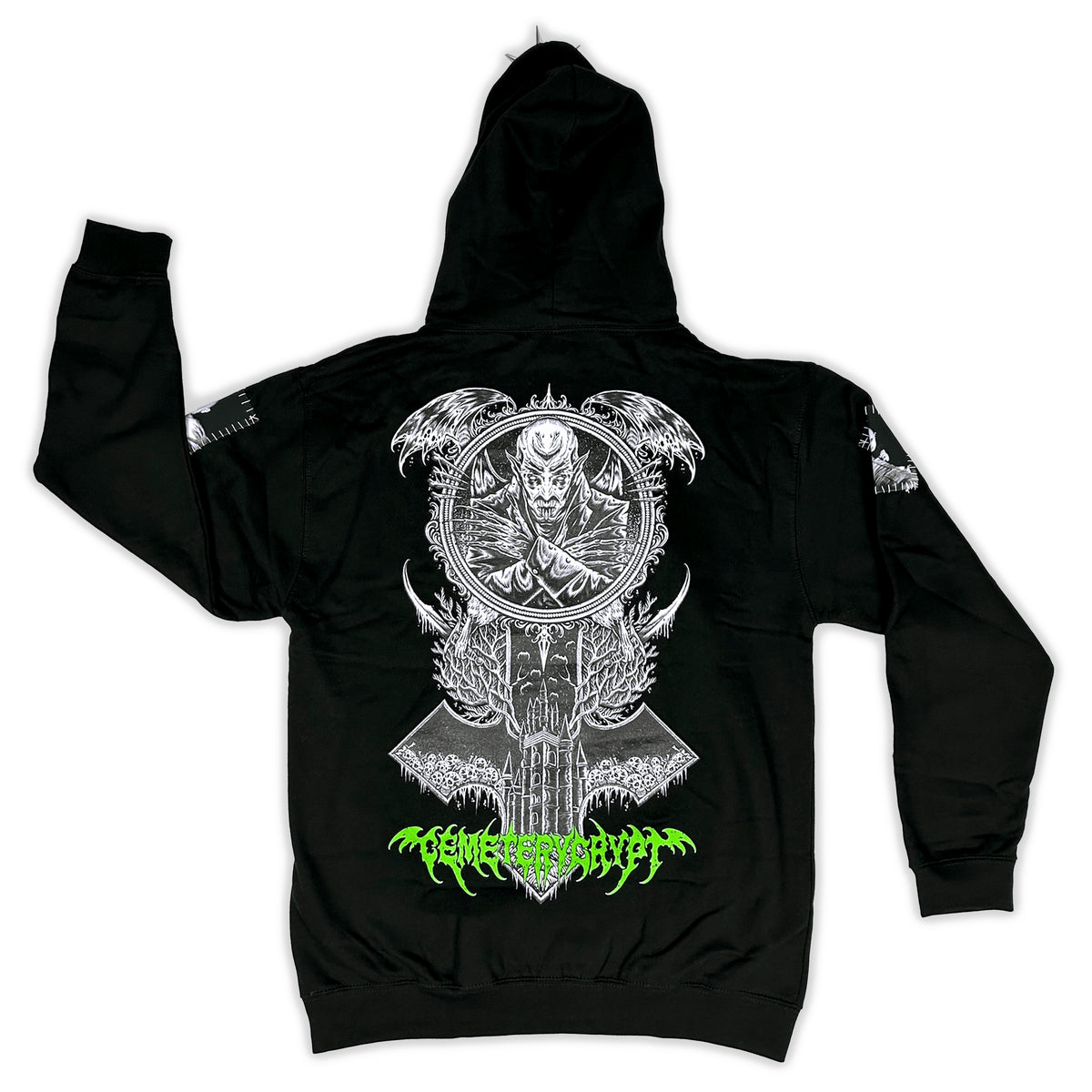 Back of the black Dracula Hoodie with an ornate white vampire medallion design and green gothic lettering