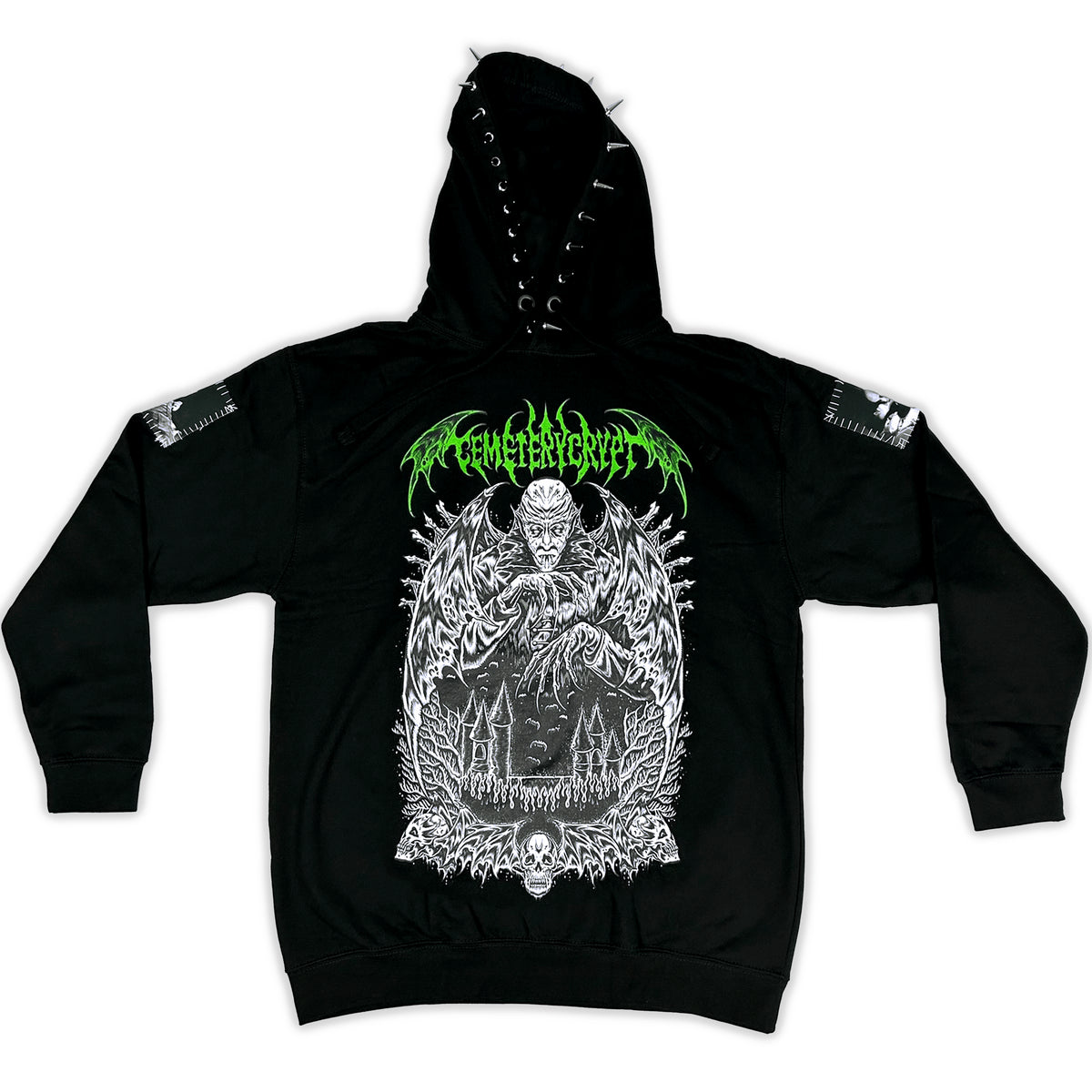 Front of the black Dracula Hoodie with a white vampire illustration, green gothic lettering and silver hood spikes