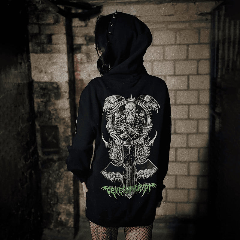 Model wearing the Dracula Hoodie with the hood up and back turned to display the ornate white back print