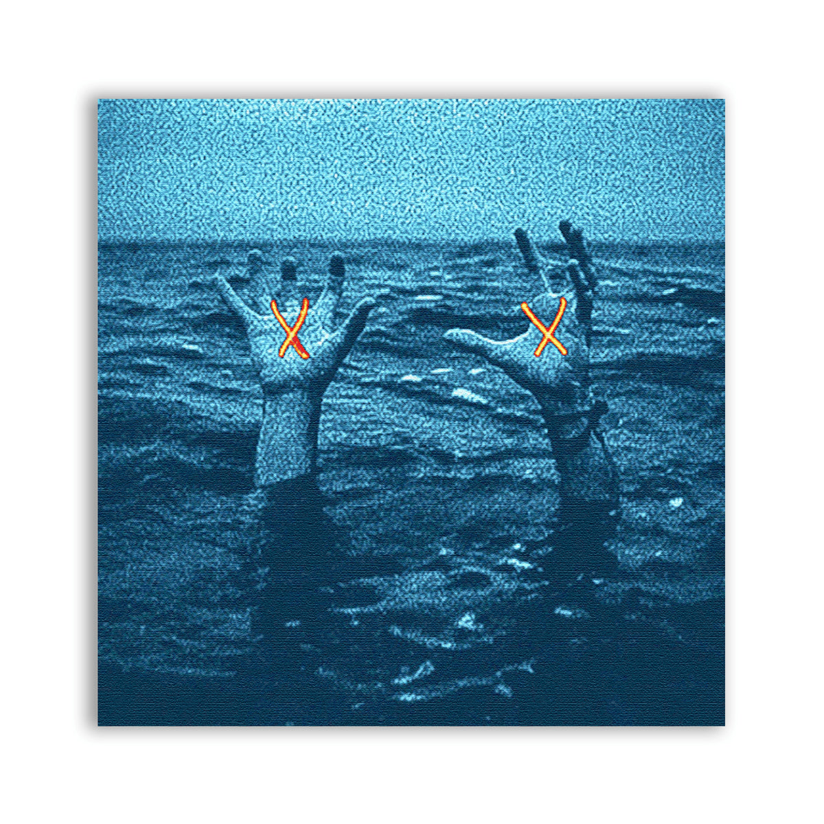 Drown Patch showing two raised hands emerging from blue water beneath a grainy sky