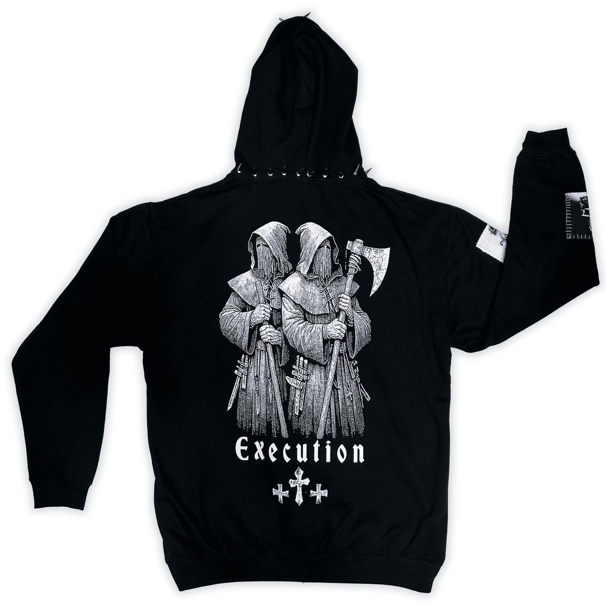 Back of the black Execution Hoodie with a large white skull illustration and Execution lettering