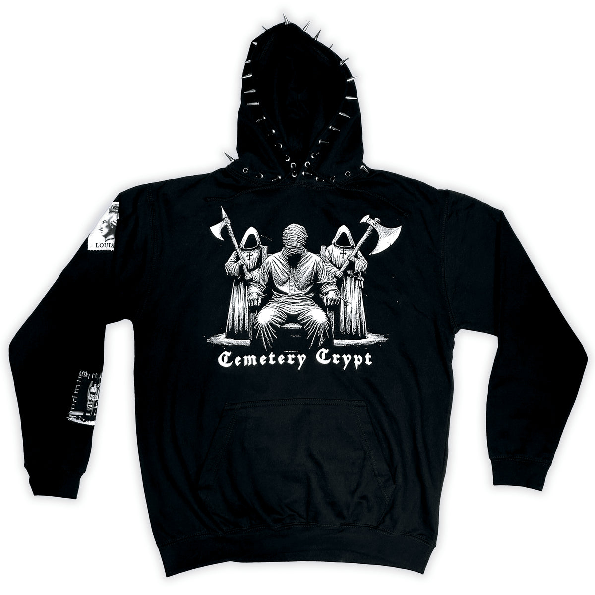Front of the black Execution Hoodie with white robed figures, sleeve graphics and silver hood spikes