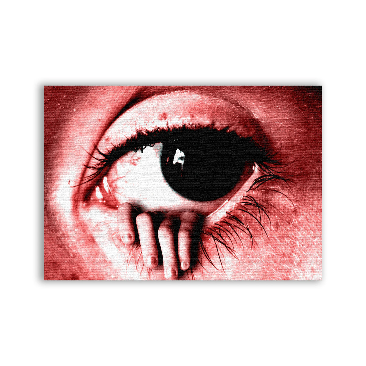 Eye Patch with a red-tinted eye and a tiny hand pulling down the lower eyelid