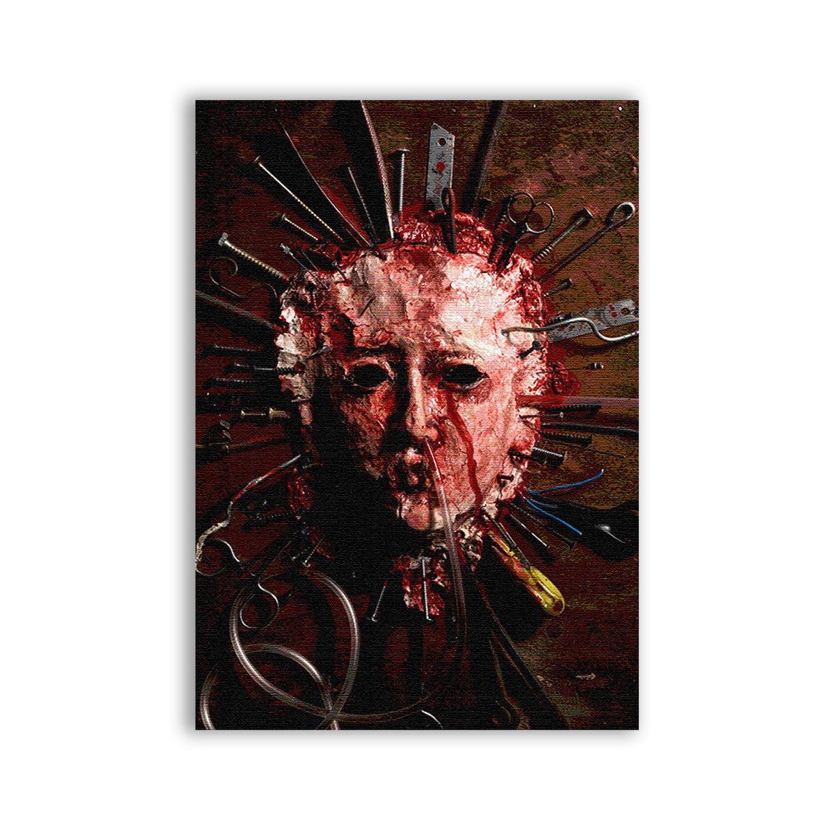 Facelift Patch with a bloodied face surrounded by sharp metal objects