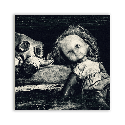 Gas Doll Patch with an old doll beside a gas mask in a black and white scene