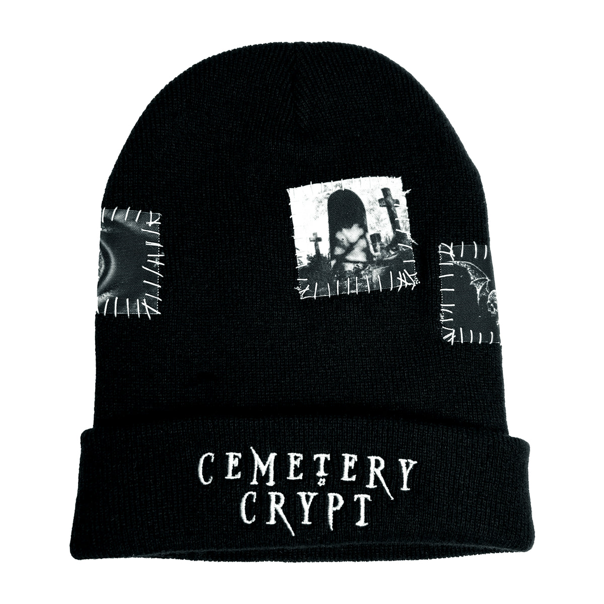Front of the black Grave Patched Beanie with white Cemetery Crypt cuff lettering and stitched graphic patches
