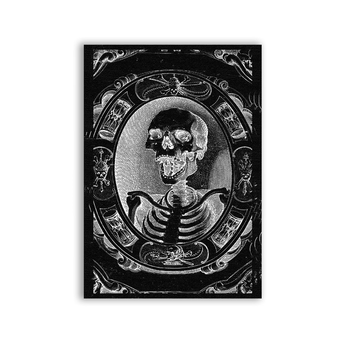 Gravebone Patch with a skeleton portrait inside an ornate oval frame in black and white
