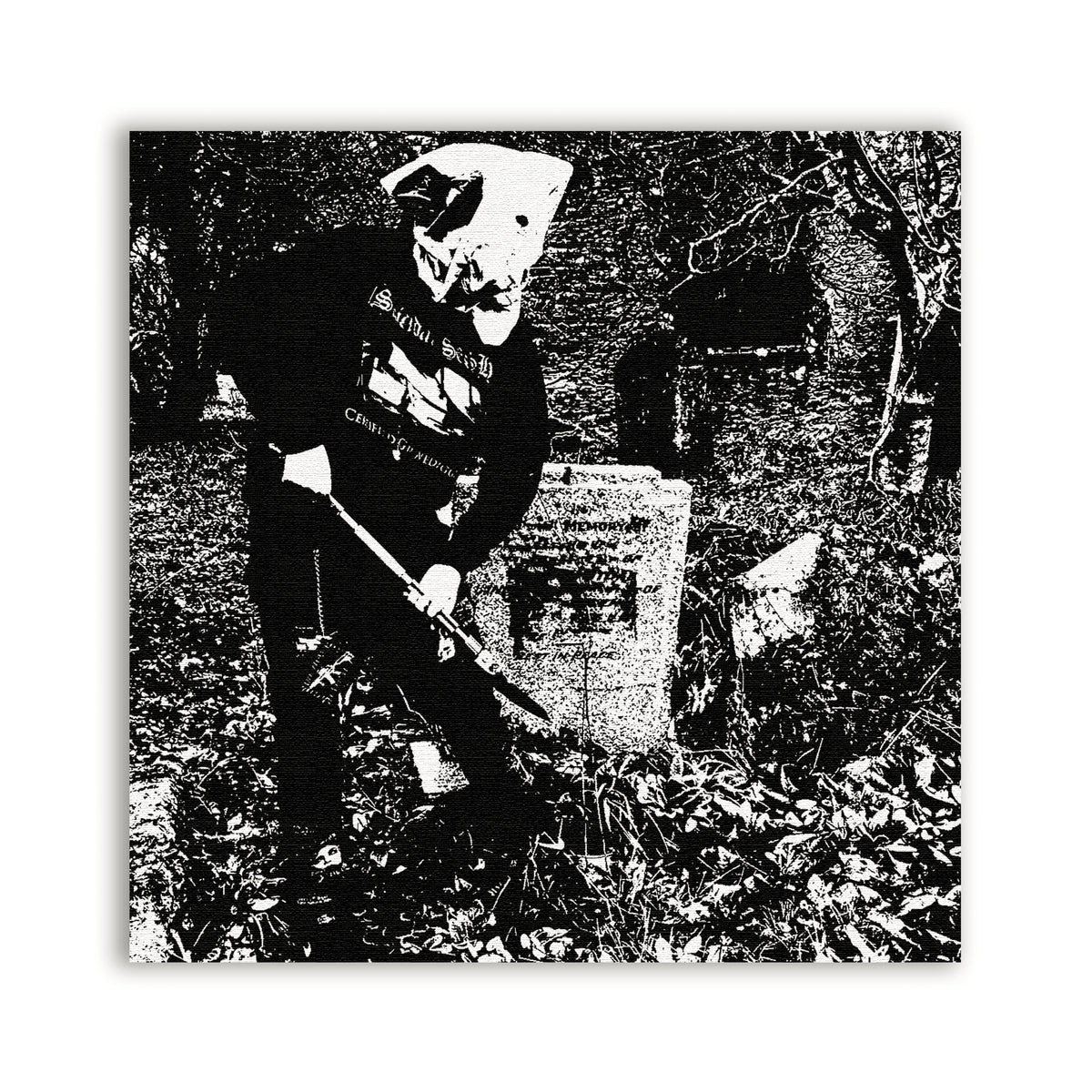 Gravedigger Patch showing a skeleton with a shovel beside a gravestone in black and white