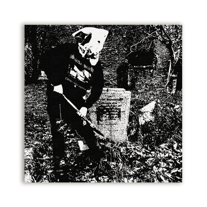 Gravedigger Patch showing a skeleton with a shovel beside a gravestone in black and white