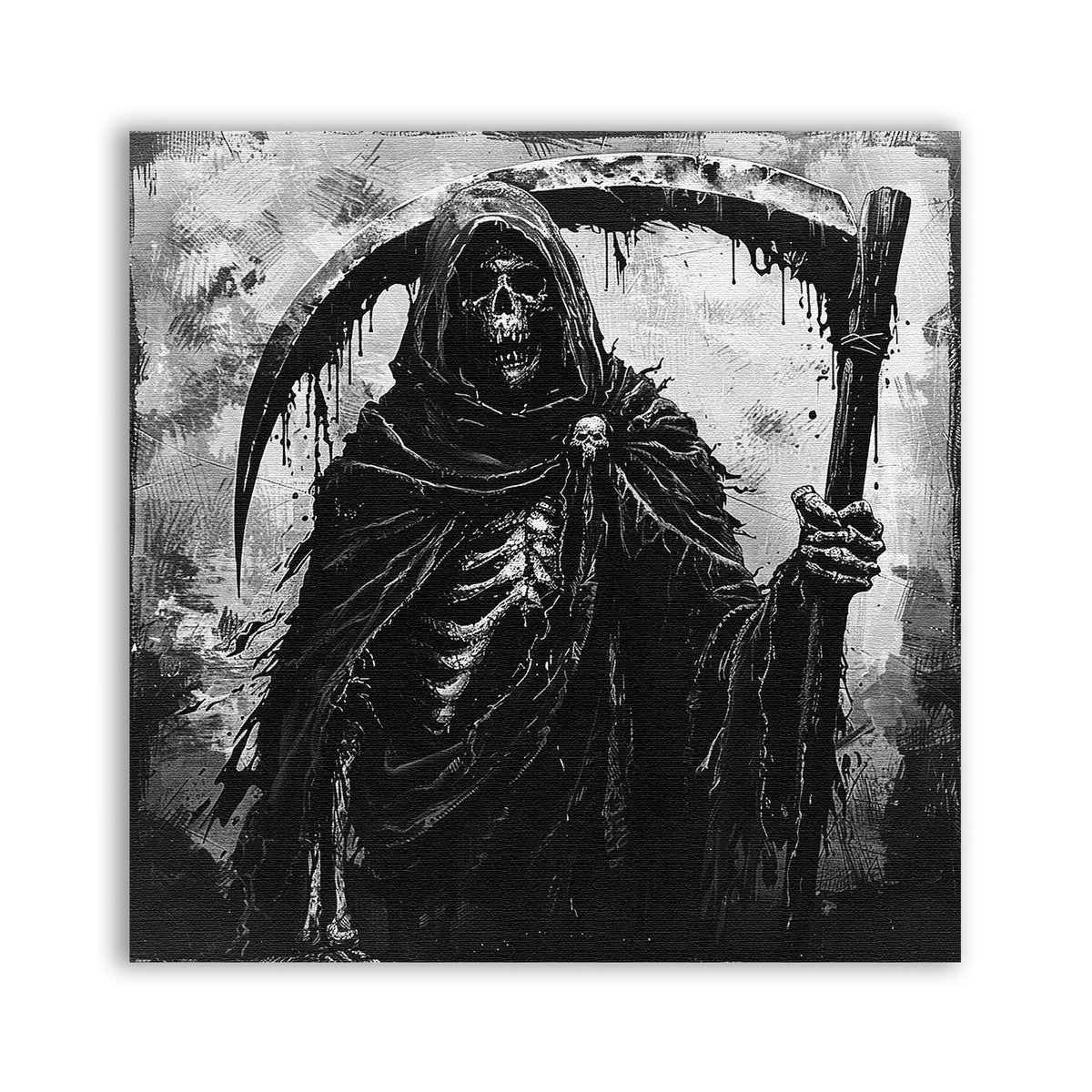 Grim Reaper Patch showing a hooded skeleton carrying a scythe in black and white