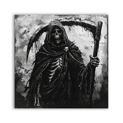 Grim Reaper Patch showing a hooded skeleton carrying a scythe in black and white
