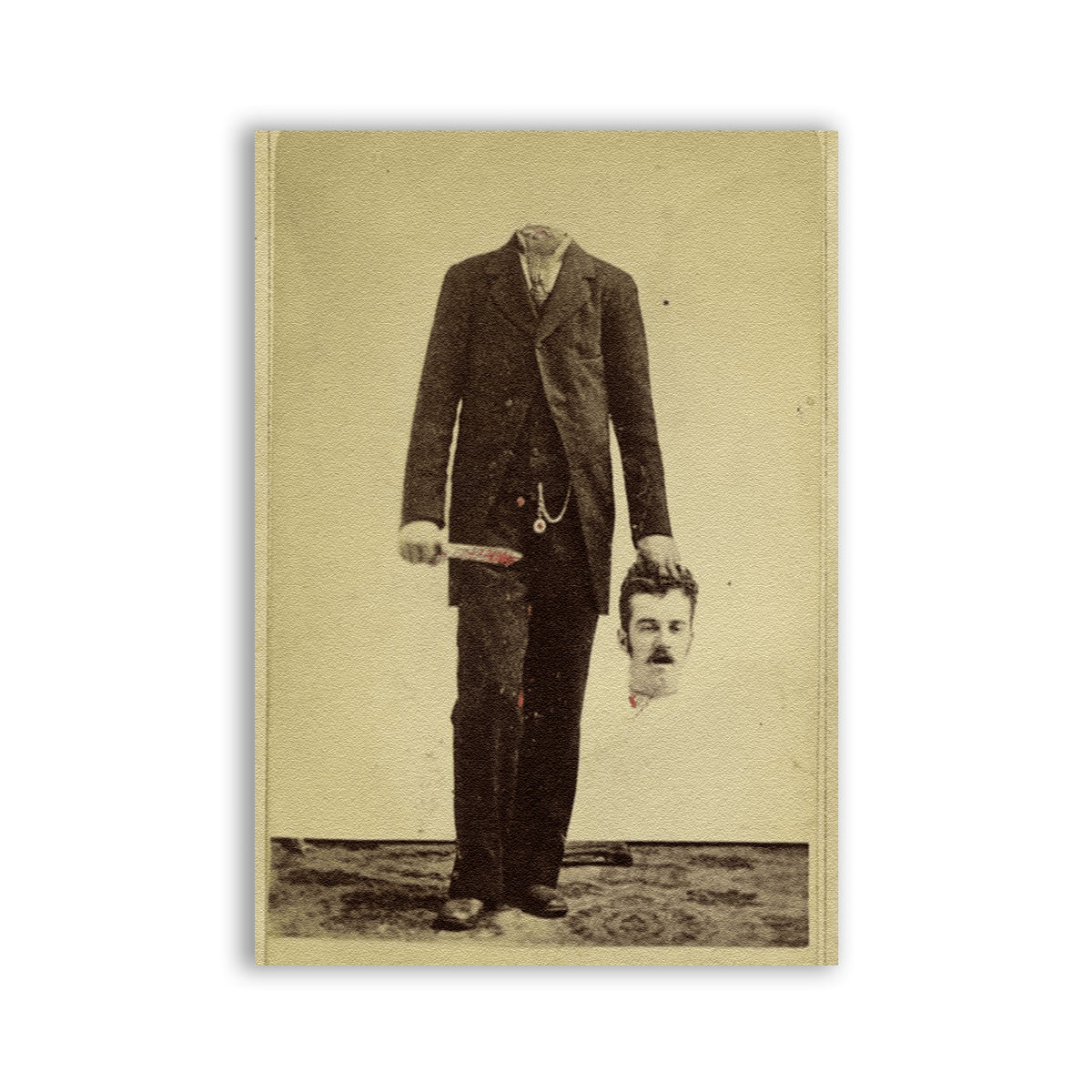 Headless Patch with a sepia portrait of a headless suited figure holding a severed head