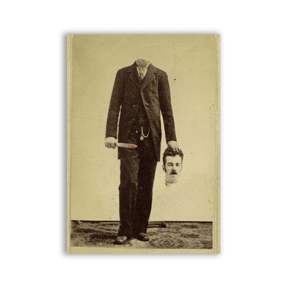 Headless Patch with a sepia portrait of a headless suited figure holding a severed head