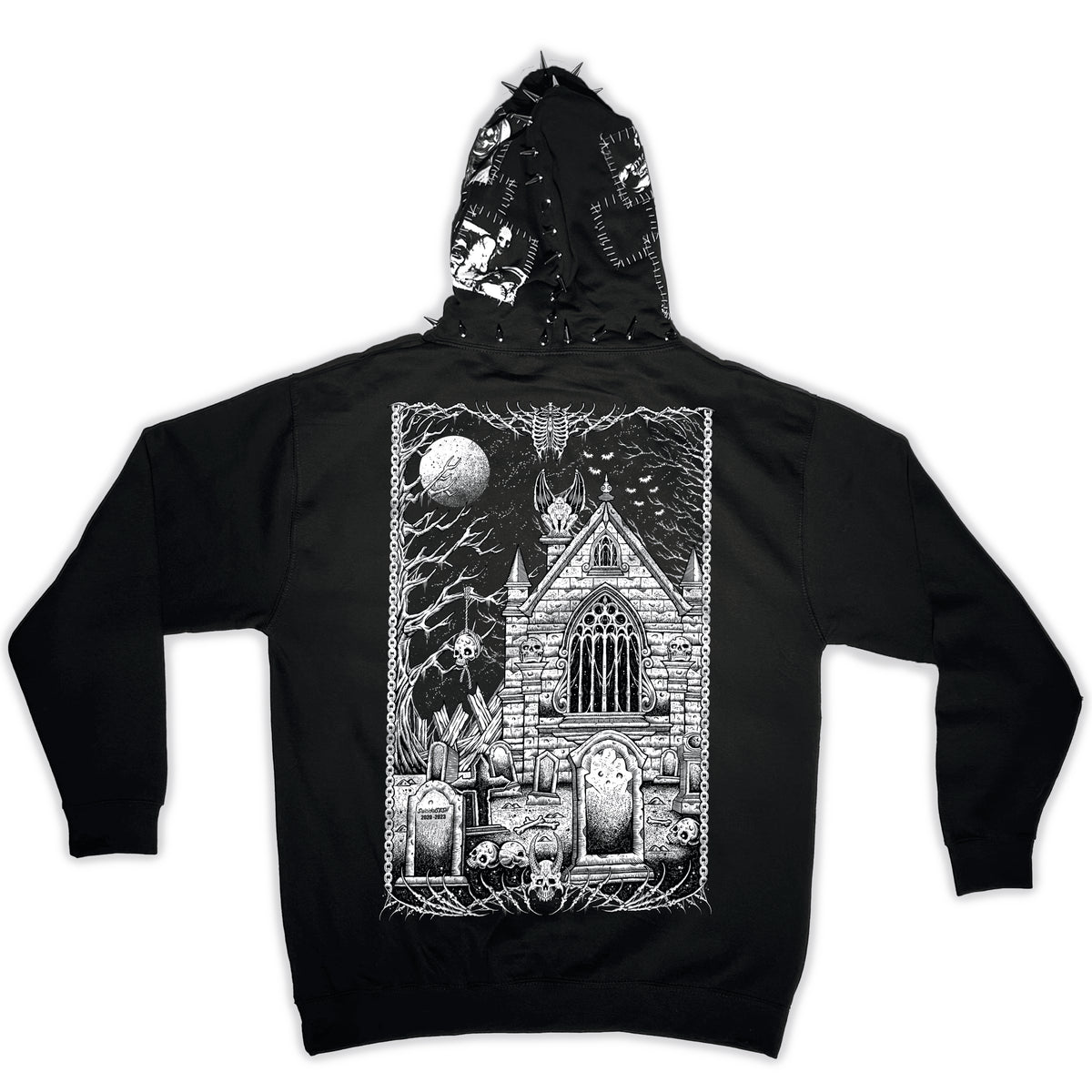 Back of the black Hell’s Cemetery Hoodie with a large white cemetery chapel illustration beneath a moon
