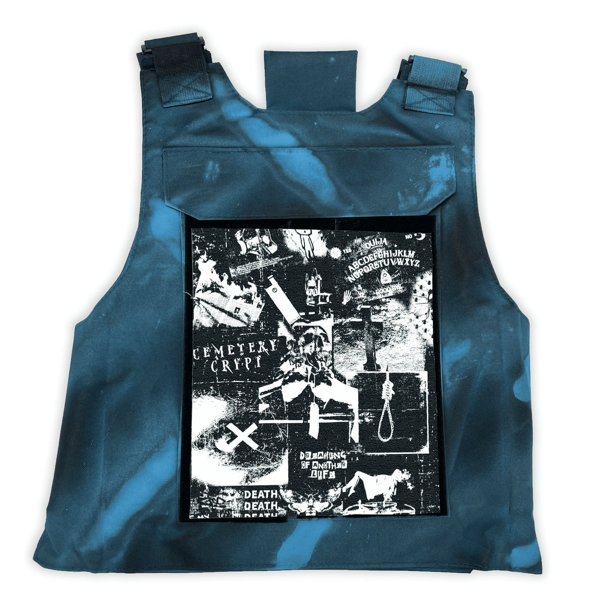Back of the blue-and-black Horror Tactical Vest with a large monochrome horror collage patch