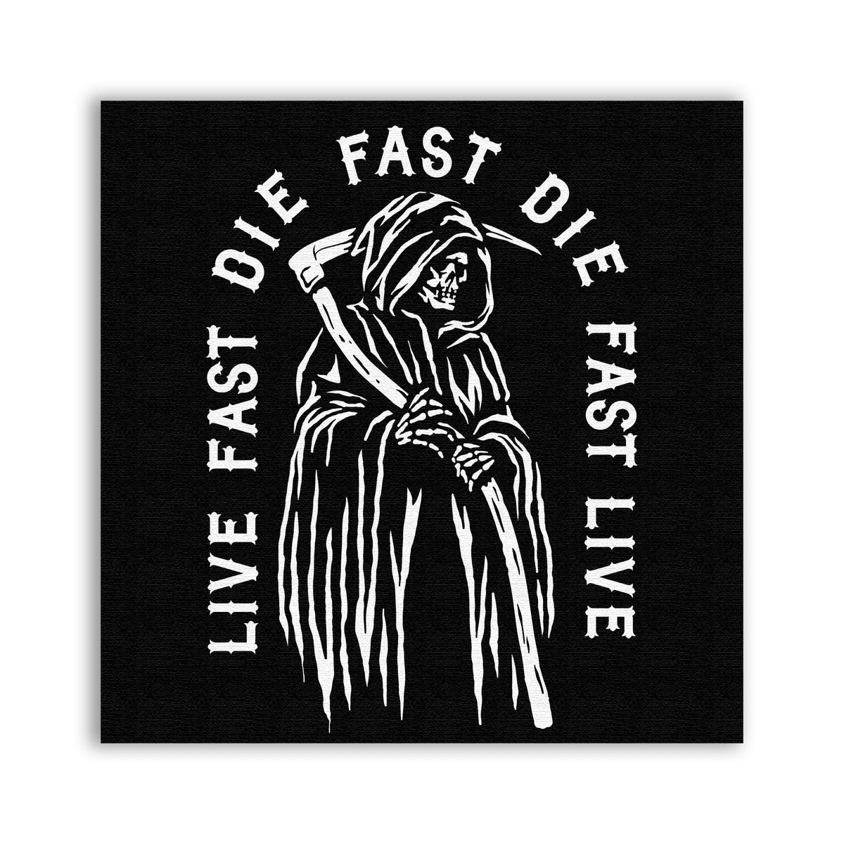 Live Fast Die Fast Patch with a white Grim Reaper surrounded by circular lettering on black