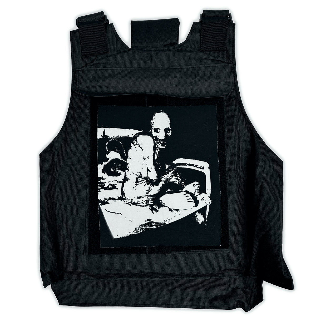 Back of the black Lobotomy Experiment Tactical Vest with a large monochrome surgical horror graphic patch