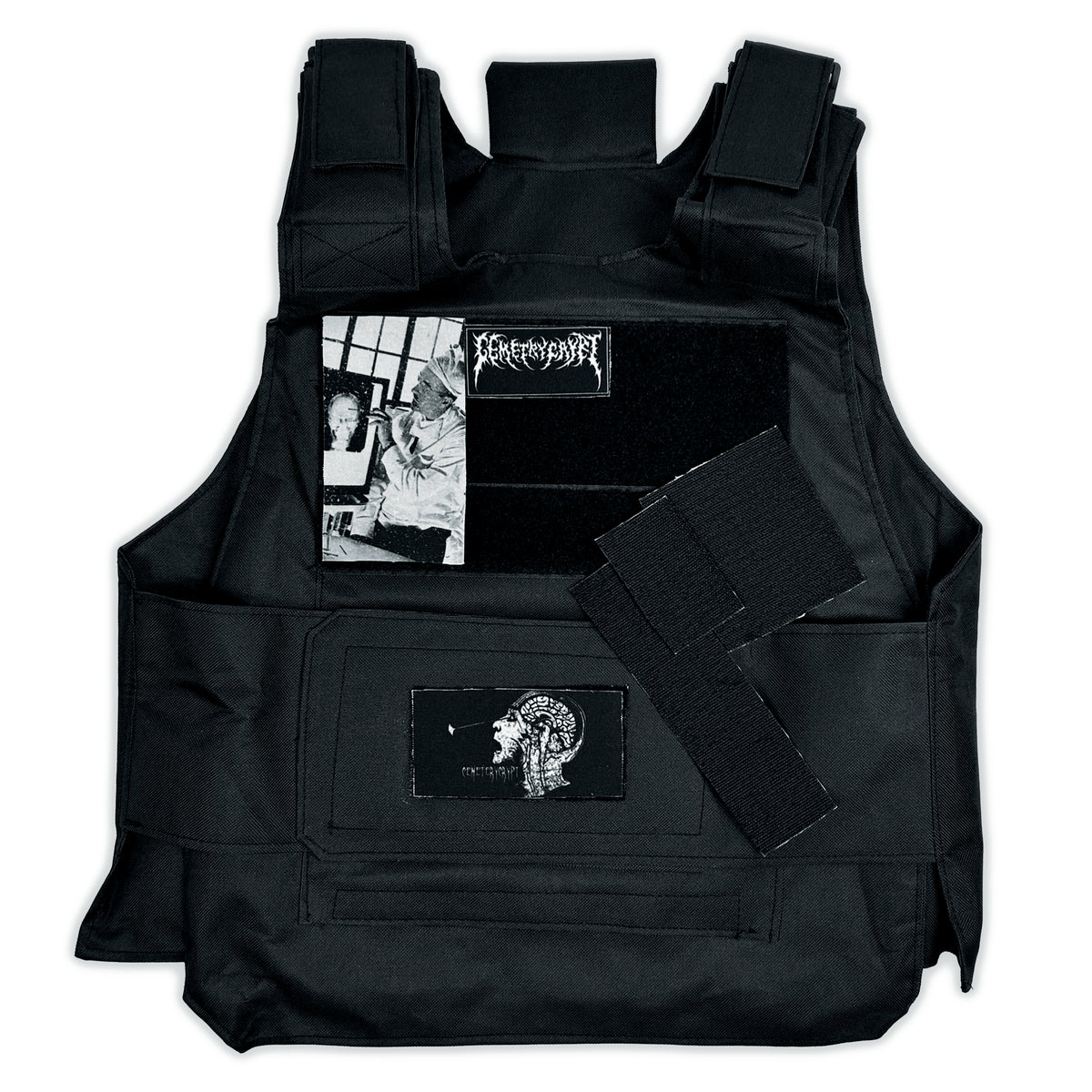 Lobotomy Experiment Tactical Vest showing its front hook-and-loop panels with a removable patch beside it