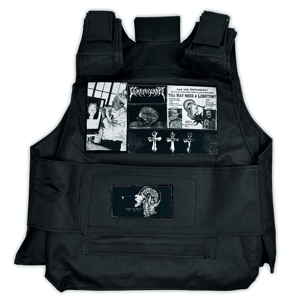 Front of the black Lobotomy Experiment Tactical Vest with monochrome graphic patches and metal cross details