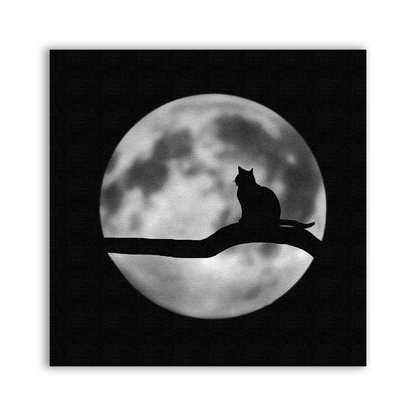 Moon Cat Patch with a black cat silhouette on a branch in front of a grey full moon