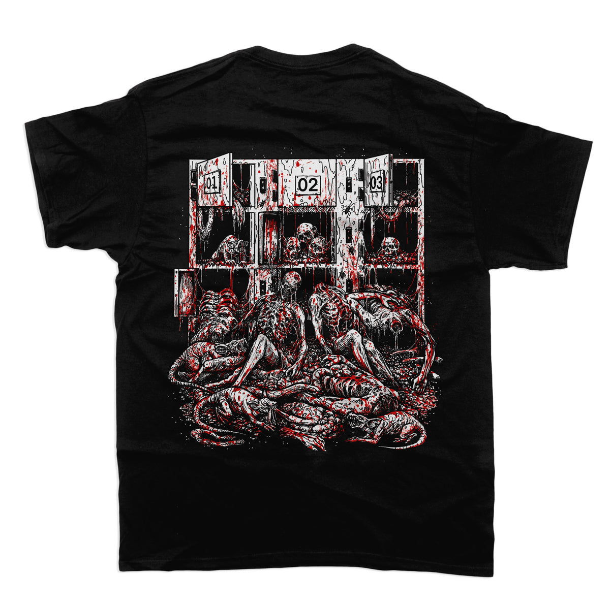 Back of the Morgue T Shirt with a red and grey horror collage of photographic panels and anatomical forms