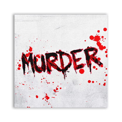 Murder Patch with rough black MURDER lettering and red blood-splatter marks on white