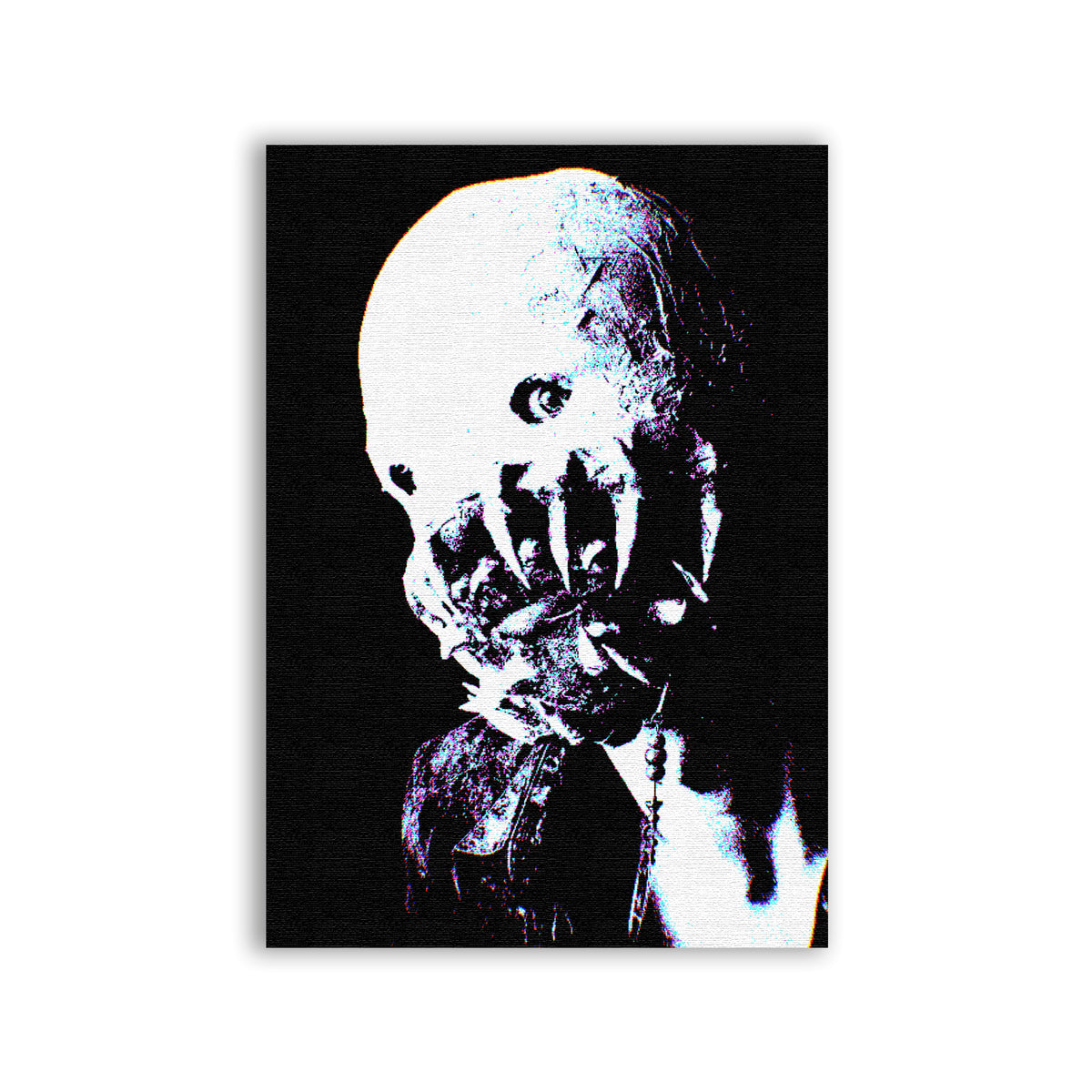 Neon Demon Patch with a pale horror face partly obscured by a hand and coloured glitch edges on black