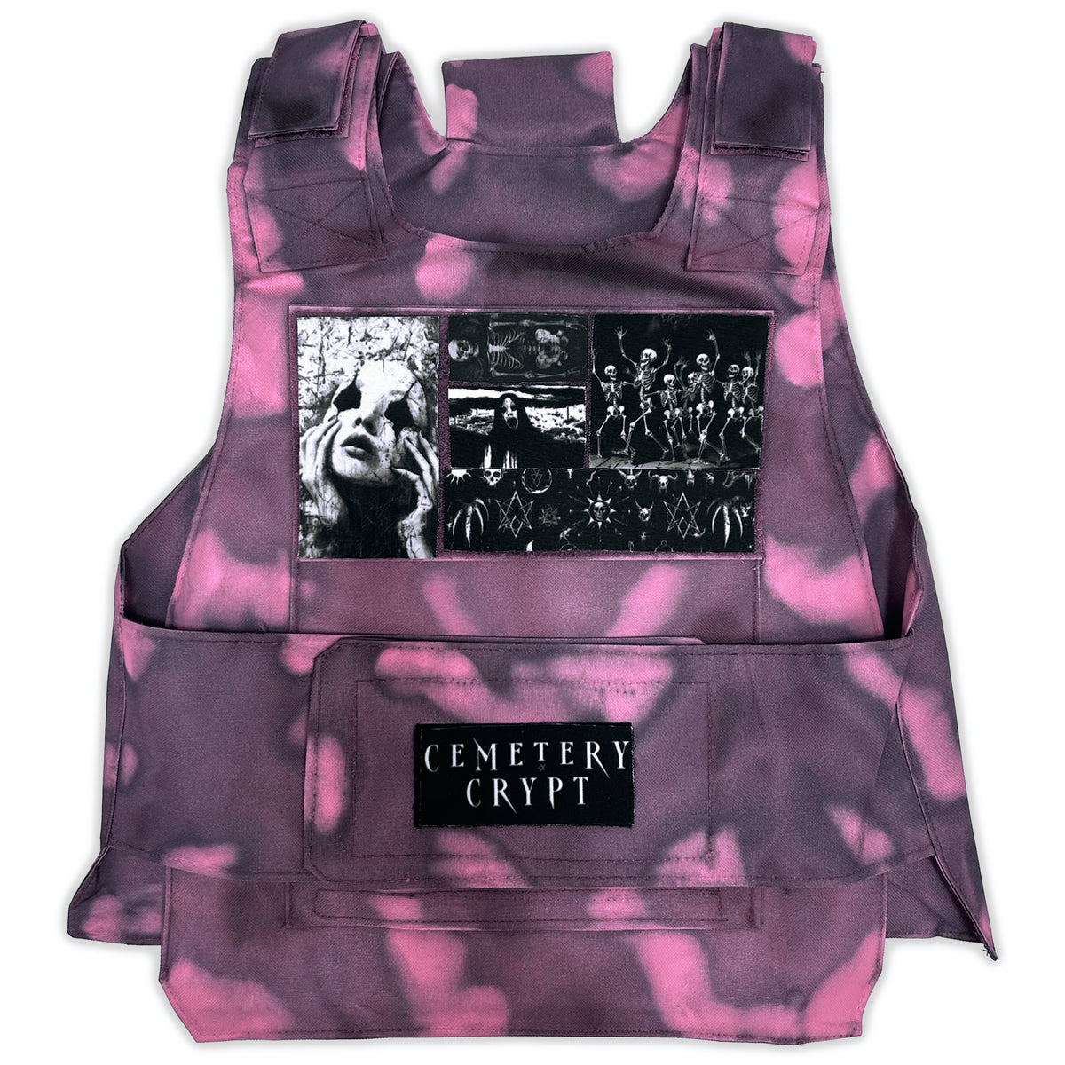 Front of the pink-and-charcoal Nightmare Pink Tactical Vest with monochrome horror graphic patches