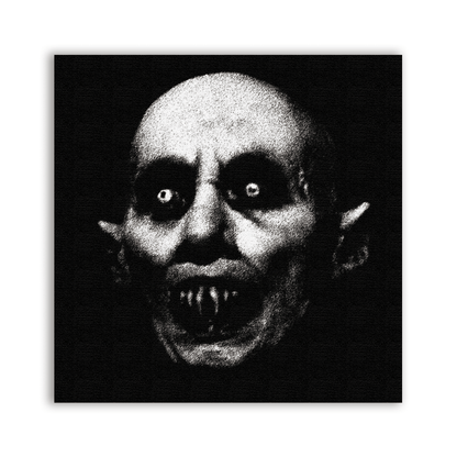 Nosferatu Fear Patch with a black and white close-up of a bald vampire face and sharp fangs